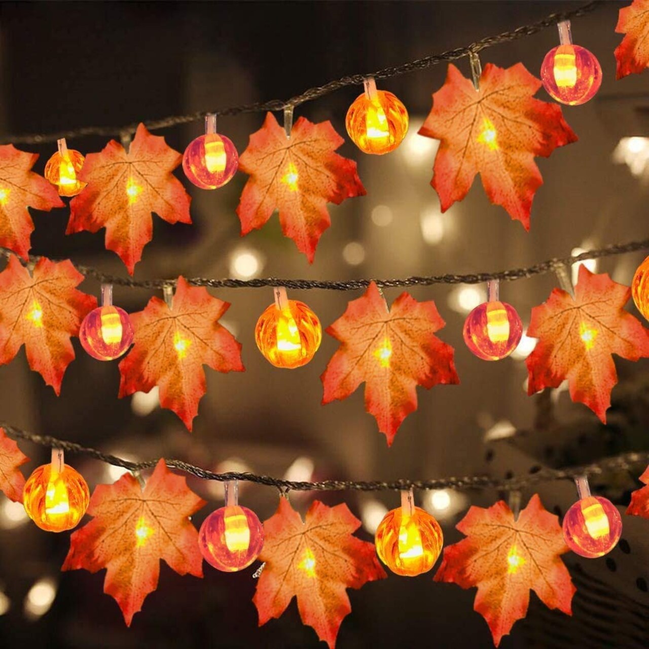 3 Pack Fall Garland with Pumpkin Lights & Enlarged Maple Fall Halloween String Lights Pumpkin Decor, 30Ft 60LED Waterproof Battery Operated Fall Decorations for Home Thanksgiving Decor Indoor Outdoor